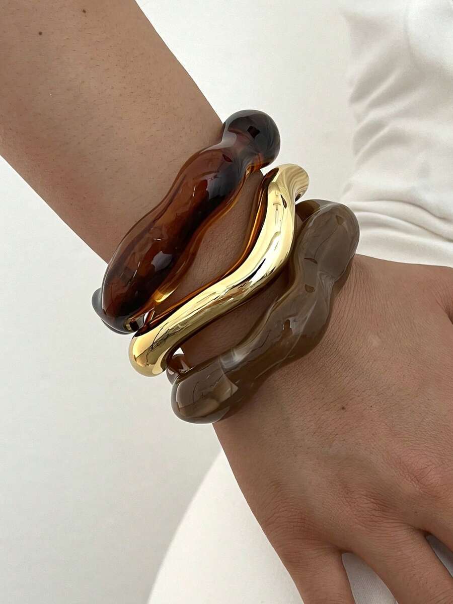 1pc/3pcs Vintage Minimalist Wavy Acrylic & Resin Material Bangle Bracelet Set, Suitable For Women Daily Wear, Stackable, Perfect Gift Choice For Holidays - Multicolor - View 1