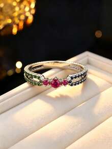 1pc Women's Chain Hollow Design Ring, Exquisite Cubic Zirconia Inlaid Thin Band Ring, Atmospheric Accessory For Outings And Gatherings - Ring - View 18