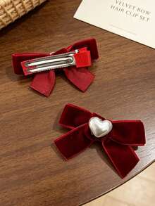 2pcs Vintage Burgundy Velvet Bow Hair Clips, Heart Pearl Decor Alligator Hair Clip Set, Sweet Style Side Hair Styling Hair Accessories - Multicolor - View 4