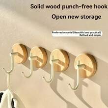 1/2/4pcs Self-Adhesive Walnut Wood Wall Hooks, Wall-Mounted Wooden Hooks, Coat And Hat Hooks, No-Drill Installation, Suitable For Clothing Storage And Decoration, Ideal For Living Room, Kitchen, Bathroom, Can Hang Towels, Clothes, Bathrobes, Suitable For Baby Room Door - Multicolor - View 8