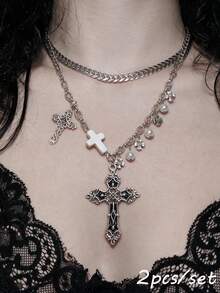 2pcs Cross Faux Pearl Beaded Necklace Set Suitable For Men And Women Daily, Party, Holiday Wear - Multicolor - View 22