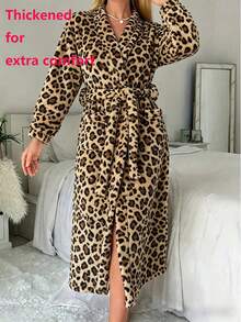 Women's Casual Leopard Print Coral Fleece Bathrobe, Thick Soft Leopard Pattern, Comfortable Winter Style, Fluffy Texture, Suitable For Warm Winter Wear - Multicolor - View 13