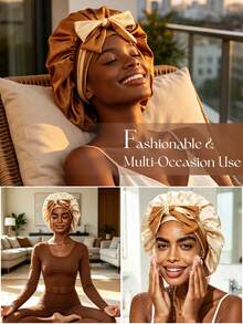 Double Layer Colorblock Satin Sleep Cap Wig Cap - Elastic Hooded Brown Rose Gold - View 4