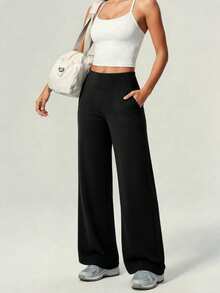 Plus Size Women's High Waist Wide Leg Sports Pants With Side Pockets, Casual Fitness Daily Straight Leg Sweatpants - Black - View 6