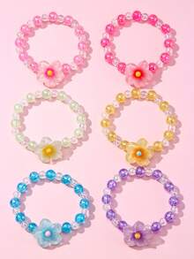 6Pcs Kids Flower Beaded Bracelet Set, Cute Hand Jewelry For Holiday Party, Ideal Birthday Gift For Little Girls - Multicolor - View 12