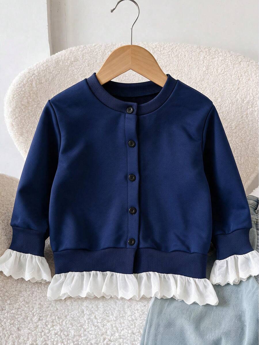 Flickors marinblå patchwork-sweatshirtjacka, 2 i 1 långärmad sweatshirt med spetsvolangfåll och baseballkrage, enfärgad för höst/vinter - Blå - Visa 1
