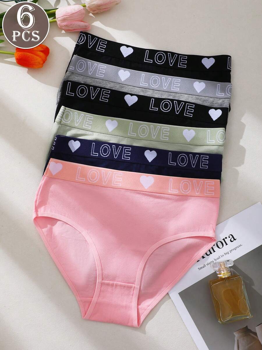 6pcs Women's Panties Triangle Briefs Solid Color Basic Style Love Letter Print Waistband Multicolor - Multicolor - View 1