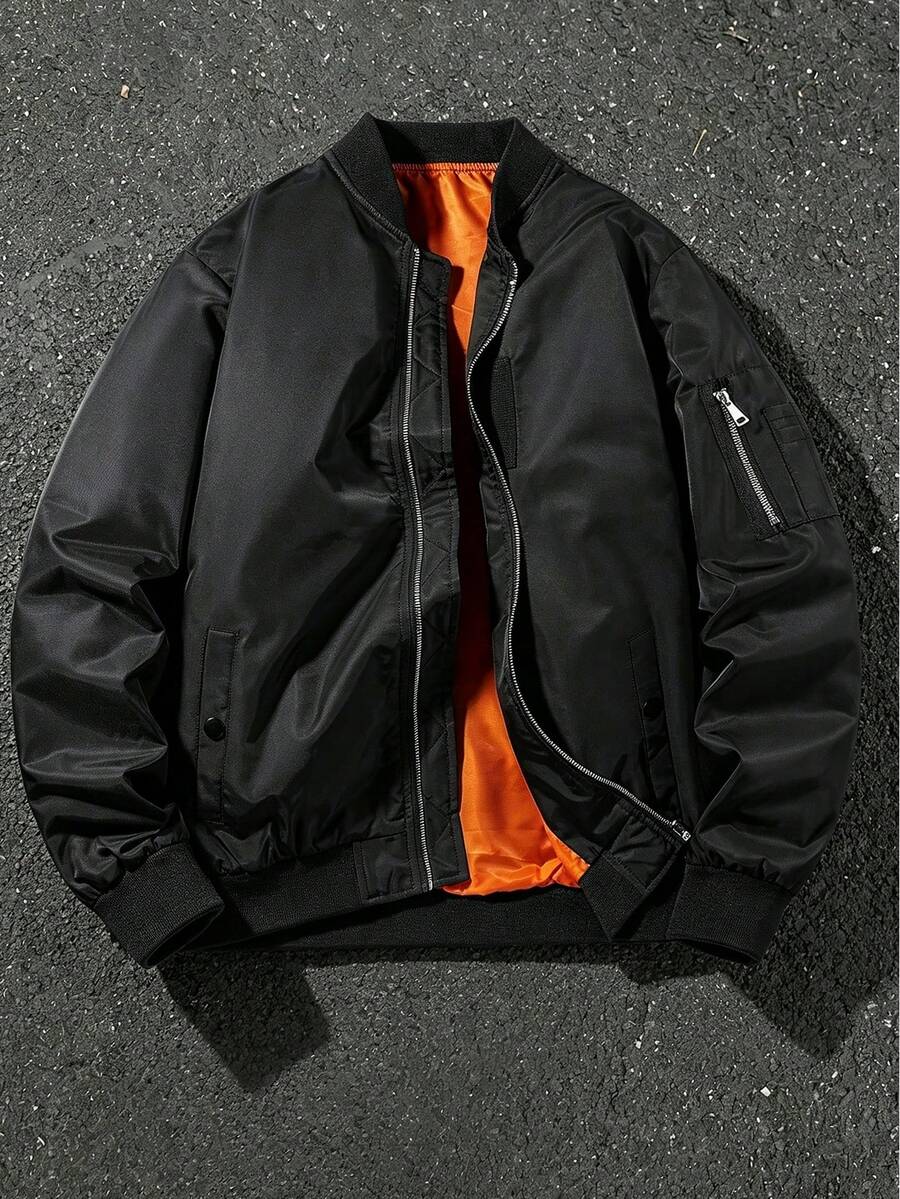 Men's Orange Lining Flight Jacket, Multi-Pocket With Arm Pocket Zipper Ribbed Collar Fashion Casual Outerwear, Suitable For Spring And Autumn Wear - Black - View 1