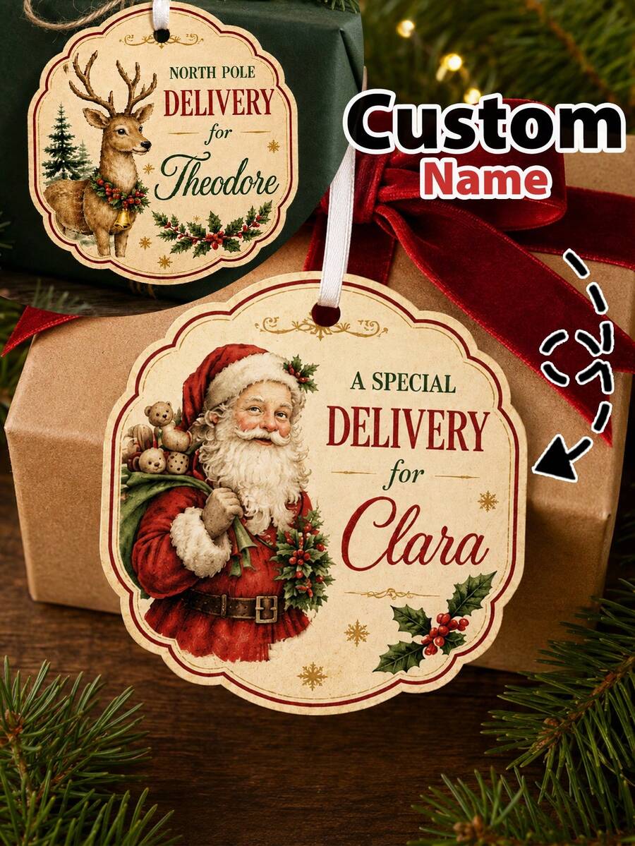 LICVIC Custom Vintage Christmas Gift Tags, Personalized Santa Reindeer Present Labels, Festive Gift Wrapping Decor, Customized Holiday Party Favor Tags, Customizable Name Xmas Package Tags, Secret Santa Gift, Christmas 2026 Keepsake, Family, Friend, Lovers - Style C - View 1
