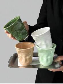 1pc Ins Style Pleated Twisted Ceramic Mug, Niche Coffee Cup For Home Afternoon Tea Milk Tea, Minimalist Solid Color Water Cup, Creative Textured Design Cup, Versatile Drinking Cup, Couple/Best Friend Matching Gift, Home/Office Breakfast Beverage Cup, Photo-Worthy Tableware, Multi-Color Options, Versatile Home Decor Gift - Multicolor - View 11