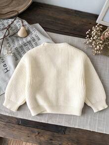 Autumn New Girls' Cream White V-Neck Knit Cardigan, Single-Breasted Loose Drop Shoulder Long Sleeve, All-Match Versatile Casual Sweater Jacket - Apricot - View 2