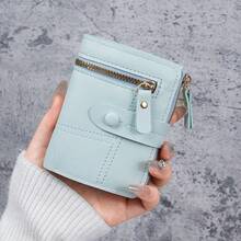 New Women's Solid Color Snap Button Wallet, Slim Short Card Holder Coin Purse - Multicolor - View 9