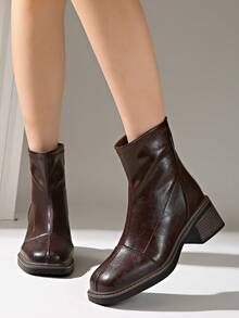 Sepatu Bot Ankle Hak Tinggi Vintage Inggris untuk Wanita, Sepatu Bot Hak Tebal Serbaguna Ujung Persegi Baru Musim Gugur/Dingin - Coklat - View 4