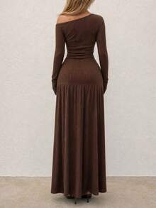 Women Skirt Set Brown Cold Shoulder Long Sleeve Ribbed Knit Cozy Maxi Tiered Y2K Vintage Boho Cottagecore Fall Going Out Concert Daily Festival Boho - Coffee Brown - View 6