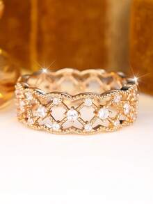 Vanel 1pc European Vintage Style Lace Window Grid 3D Embossed Ring, Niche Design Suitable For Party, Wedding, Daily Wear - Yellow Gold - View 4