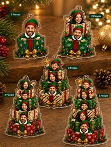 1pc Customized Family Face Christmas Ornament, Personalized Christmas Elf Gift Box Acrylic Pendant, Fun 1-5 Person Photo Keepsake, Holiday Gift, Christmas Tree Decoration, Christmas Gift - Multicolor - View 4