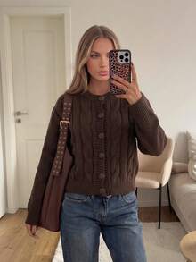 Cardigan Rajut Kabel Leher Bulat Elegan Musim Gugur/Dingin Terbaru untuk Wanita, Gaya Bisnis Kantor/Komuter - Coffee Brown - View 2