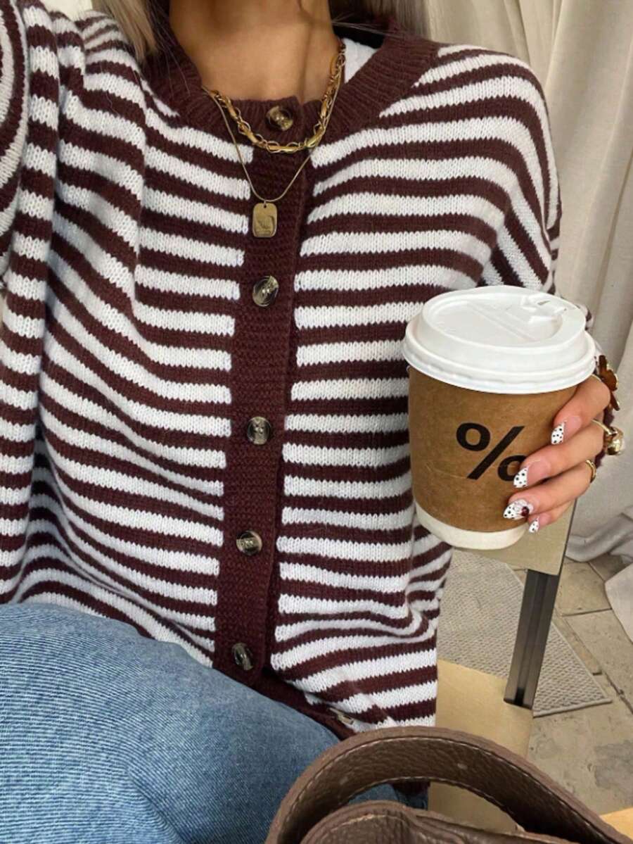 Áo khoác len cardigan nữ dáng ngắn phong cách Hàn Quốc vintage kẻ sọc, tay dài, cổ tròn, cài nút đơn, kiểu áo dệt kim - Màu hỗn hợp - Xem 1