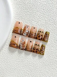 10件裝復古辣妹風手工穿戴甲，Polygel美甲套組，鏈條裝飾，棕色指甲油，美式野性風，3種尺寸可選，杏仁/鴨嘴/棺材形，適合派對、跳舞、日常佩戴（手工細節可能有所不同） - 彩色 - 查看 14