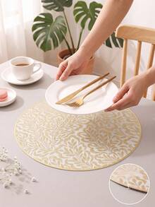 1-6pcs White & Champagne Gold Palm Leaf Pattern Placemats, French Minimalist PVC Embossed Heat-Insulating Table Mats, Valentine's Day Christmas Thanksgiving Decoration Pads - Multicolor - View 2