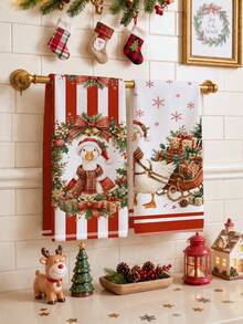 2pcs Christmas Goose Sleigh Gift Pattern Kitchen Towels, Soft Polyester Dish Cloths, Suitable For Kitchen Decor, Kitchen Cleaning, Holiday Party Decoration, Kitchen & Bathroom Supplies Home Essentials, Home Decor, Housewarming Gift - Multicolor - View 3