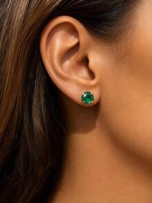 VceTd 1 Pasang Anting Tusuk Gaya Vintage dari Baja Tahan Karat dengan Dekorasi Kaca Bulat Hijau untuk Pemakaian Sehari-hari Wanita - Yellow Gold - View 1