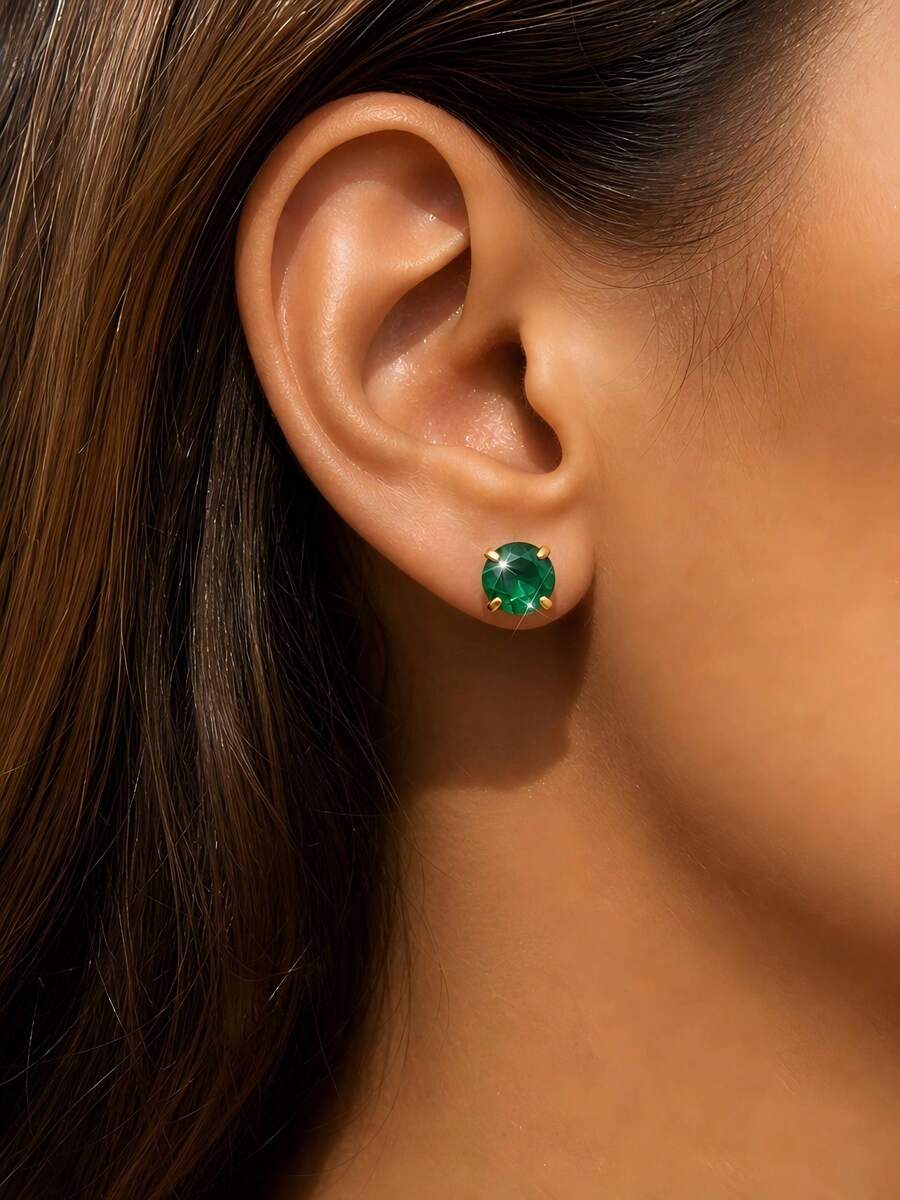 VceTd 1 Pasang Anting Tusuk Gaya Vintage dari Baja Tahan Karat dengan Dekorasi Kaca Bulat Hijau untuk Pemakaian Sehari-hari Wanita - Yellow Gold - View 1
