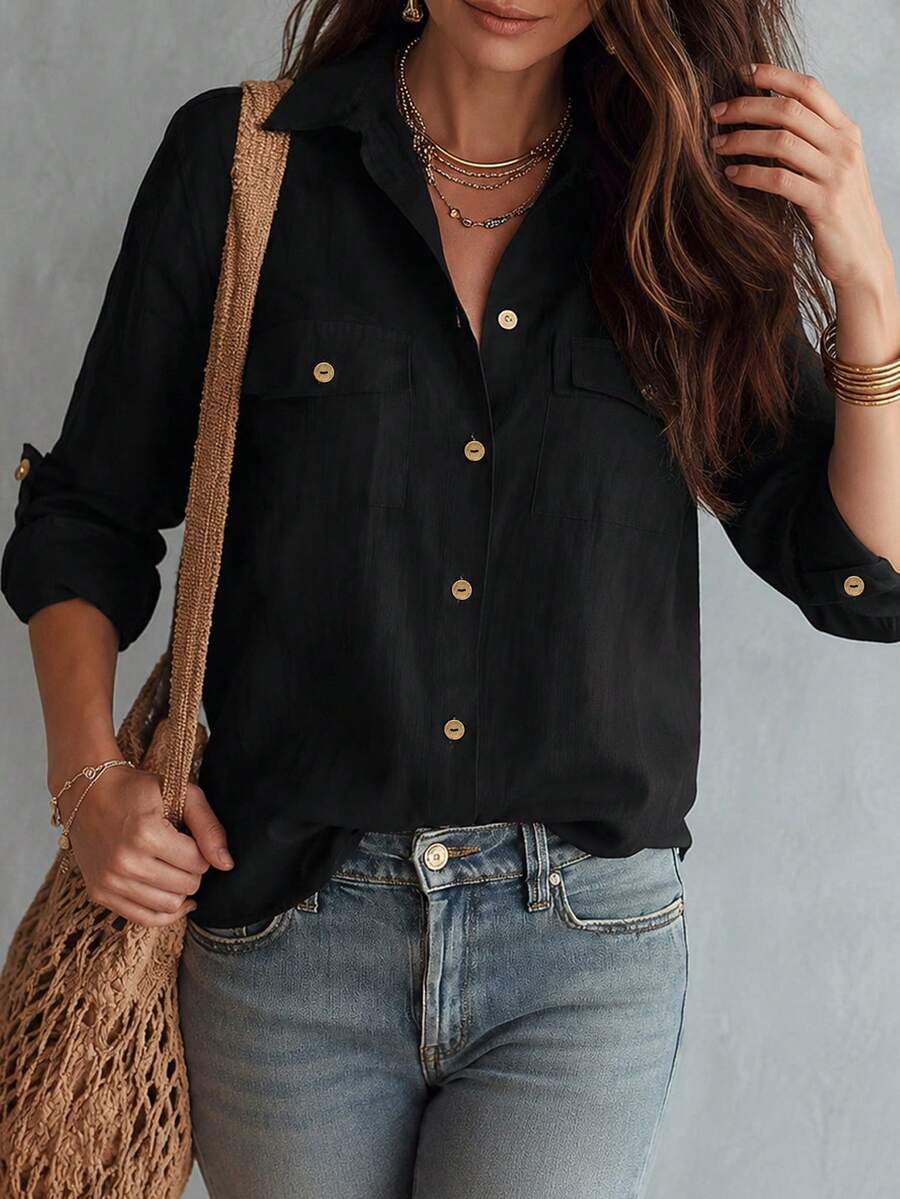 Women's Black Long Sleeve Collared Shirt With Pockets, Versatile Regular Fit, Suitable For Autumn Wear - Black - View 1