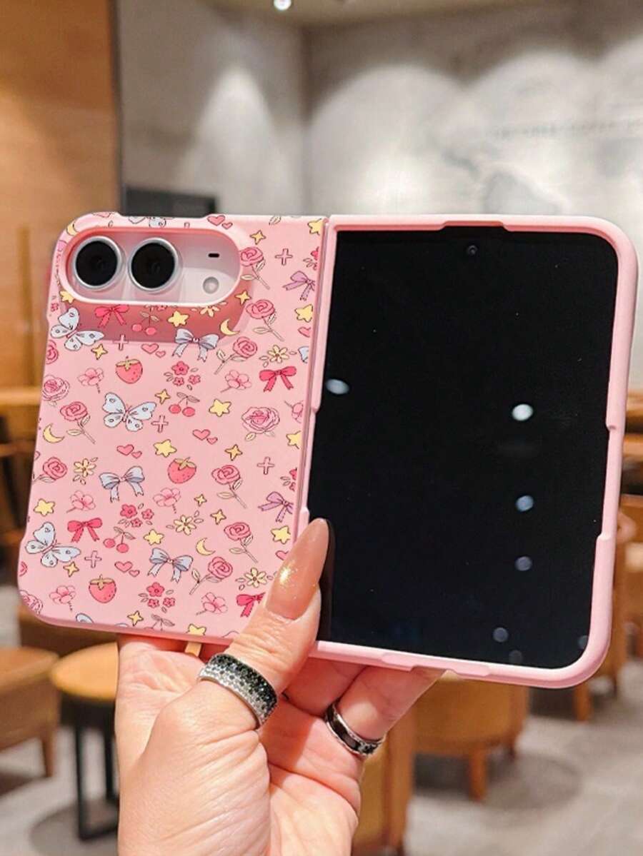 1pc Fashionable, Cute, Simple Skin Feel PC Material Butterfly Flower Element Folding Phone Case, Can Protect And Prevent Falling: SamsungGalaxy Z Fold 8/IPhoneDuo - Pink - View 1