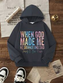 Fashionable Girls Casual Letter Print Hoodie Sweatshirt Paired With Slim Fit Leggings Long Pants, Spring Autumn Winter Daily Versatile 2pcs Set. - Dark Grey - View 5