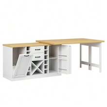 360° Rotating Kitchen Island With 120–223 Cm Storage, Removable Wine Rack, Trash Can Holder, And Side Snack Shelves, White/Black - White - View 9
