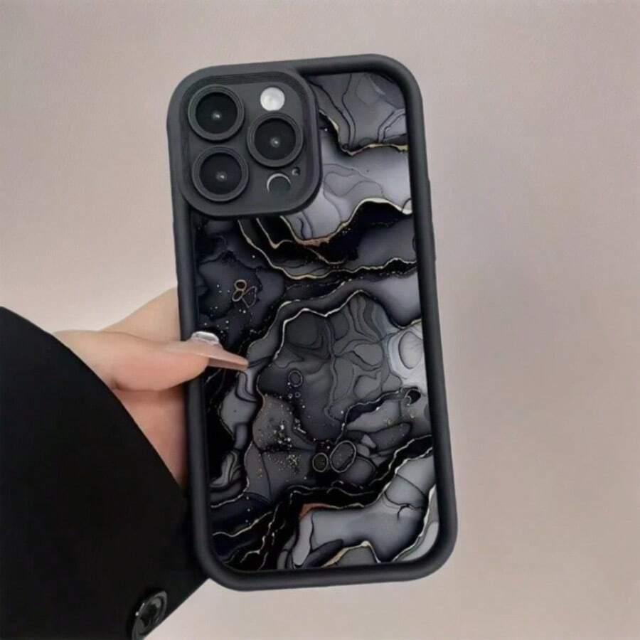 Black Frame Staircase Eye Phone Case, Neutral Coffee Ink Marble Swirl Print Shockproof Soft TPU Protective Cover With Raised Camera Lens Frame, Compatible With Apple 11, 12, 13, 14, 15, 16, 17, 18 Pro Max, Minimalist Neutral Style Phone Case Designed For Women - Black - View 1