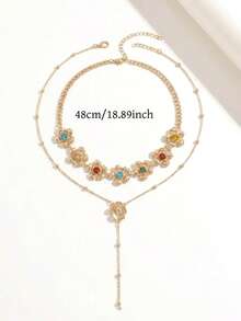1Pc Alloy Double Layer Stackable Choker, Colorful Rhinestone Flower Y‑Drop Necklace, Retro Atmosphere Jewelry For Women Party - Gold - View 3