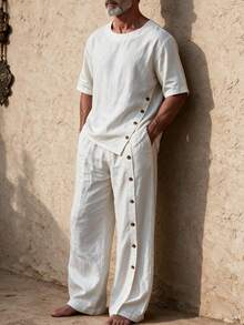 GOLDREDY Summer Japanese Literary Style Men's Loose Round Neck Short Sleeve Shirt Asymmetric Button Wide Leg Pants Two Pieces Set Thin Casual Outfit, Gift For Boyfriend Husband - White - View 2