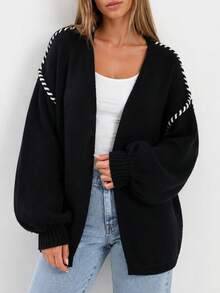 Plus Size Women's Contrast Color Knit Fabric Drop Shoulder Lantern Sleeve Cardigan, Suitable For Evening Date, College, Daily, Airport Outfits, Autumn/Winter - Black - View 4