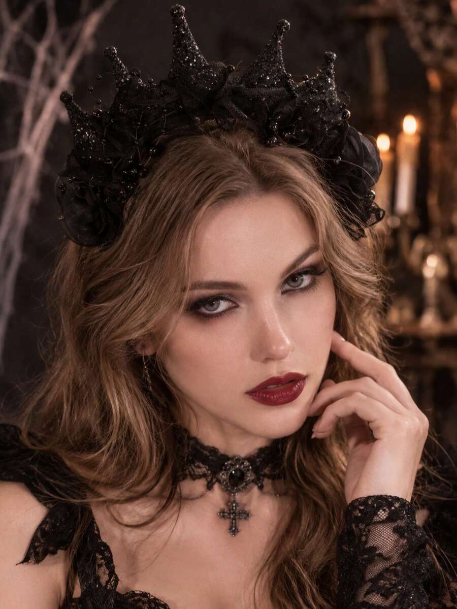 MESHUOKAI 深色哥德風閃亮皇冠髮箍,水鑽女王髮箍,萬聖節吸血鬼 Cosplay 派對髮飾 - 彩色 - 查看 1