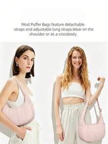 Women's Hobo Shoulder Bag,Crescent Shape Grid Quilted Pattern,Nylon Fabric Ruched Handle Detachable Strap,Lightweight Cute Casual For Daily Dating - Pink - View 2