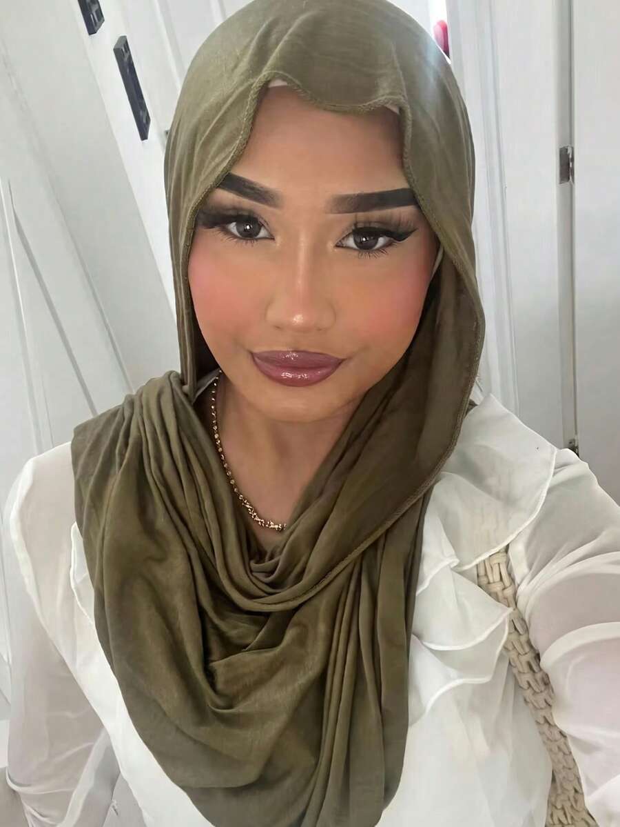 1pc Soft Solid Color Mercerized Cotton Long Jersey Hijab Headscarf - Olive Green - View 1