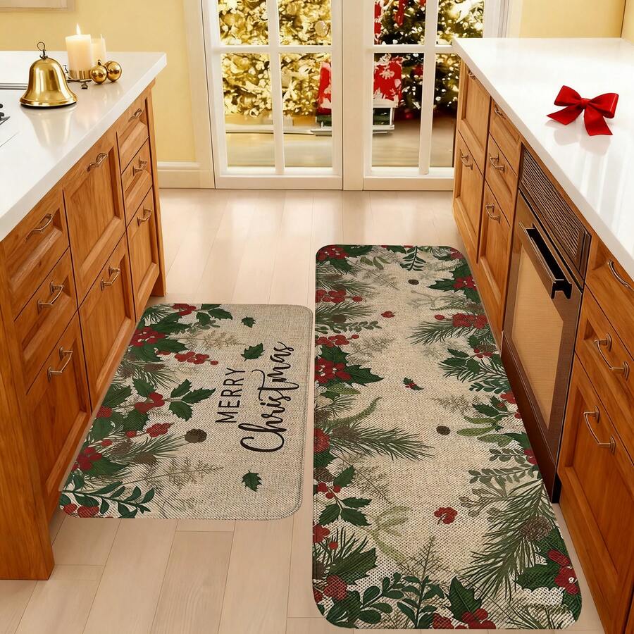 1/2/3pcs Christmas Theme Kitchen Rugs, Flannel Kitchen Rugs, Soft Comfortable Absorbent Non-Slip Machine Washable With Non-Slip Backing, Suitable For Multiple Scenes: Entryway, Living Room, Bedroom, Kitchen, Dining Room, Bathroom, Laundry Room, Hallway, Christmas Holiday Home Decor Floor Mat - Multicolor - View 1
