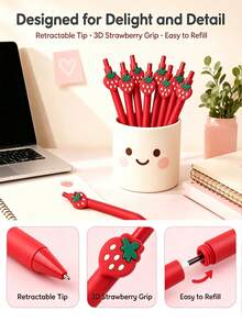 Strawberry Color Ballpoint Pen, Cute Design, Essential Gift For Students And Office, Retractable Pen, Campus Gift, Holiday Decoration, Back To School Gift - A - View 5