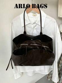 Minimalist Tote Bag With Clean Silhouette, Built-In Zippered Compartment For Organized Storage, Large Capacity Open Main Compartment, Long Handle And Shoulder Strap Design, Relaxed Commuter Style Tote Bag, Suitable For Workplace, Campus, Short Trips, Can Store Multiple Personal Items, Aesthetic Shoulder Bag, Niche Popular Versatile Travel Bag For Women - Coffee - View 5