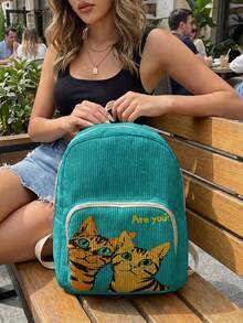 1PC Women Mini Corduroy Backpack, Girl Kitten‑Print School Bag, Travel Storage Bag, Large‑Capacity Foldable Lightweight Backpack With Multi‑Layer Pockets & Zipper Closure - Kitten 3333898 - View 1
