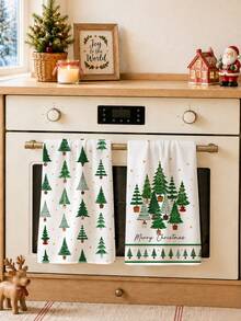 2pcs Christmas Minimalist Christmas Tree Illustration Merry Christmas Pattern Kitchen Towels, Soft Polyester Material Dish Cloths, Suitable For Kitchen Decoration, Kitchen Cleaning, Holiday Party Decoration, Kitchen Bathroom Supplies Home Essentials, Home Decor, Housewarming Gift - Multicolor - View 7