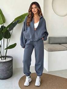 Women's Solid-Color Casual Sports Set For Fall/Winter: Two Pieces Set With Collared, Zippered Long-Sleeve Top And Elastic-Waist Pants With Pockets - Gray Blue - View 1