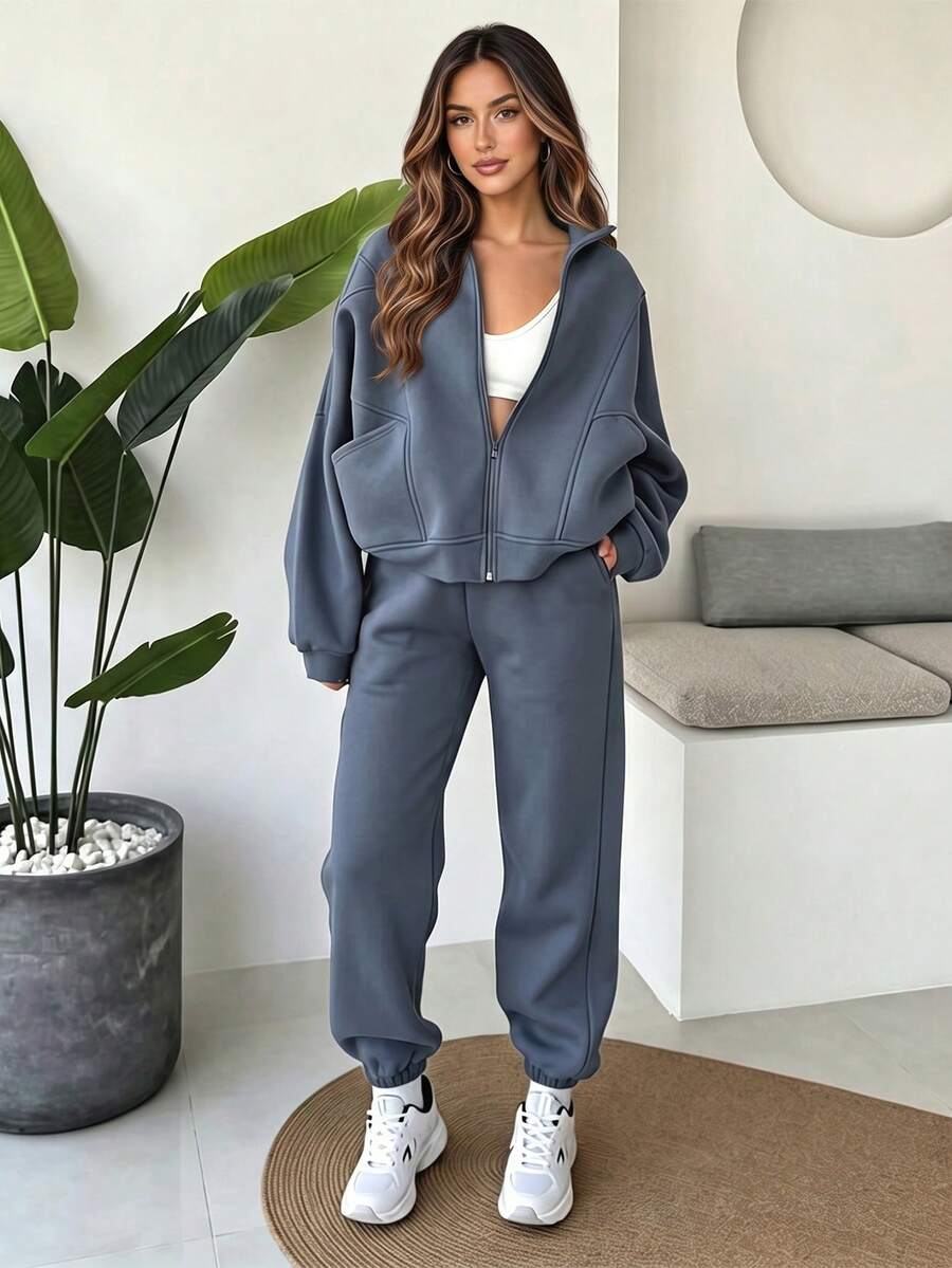 Women's Solid-Color Casual Sports Set For Fall/Winter: Two Pieces Set With Collared, Zippered Long-Sleeve Top And Elastic-Waist Pants With Pockets - Gray Blue - View 1