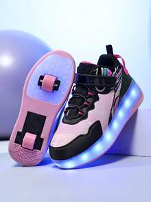 BLSART 1 Pair Kids 2-In-1 Four-Wheel LED Light-Up Roller Skates, USB Rechargeable Adjustable Outdoor Skates, Birthday Gift For Boys And Girls - Black and Pink - View 2