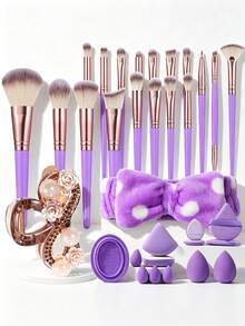 33 Pcs/1 PC Total Makeup Tool Kit, Including 18 Pcs Purple Rose‑Gold Three‑Color Makeup Brushes And 15 Pcs Makeup Accessories. Matte Frosted Handle Brings Smooth Touching Feeling, Offers Stable Grip To Prevent Slipping During Daily Makeup Operations - Multicolor - View 1