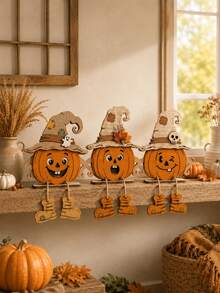 3pcs/1pc-Halloween Thanksgiving Wooden Pumpkin Ornament Plaques,Thanksgiving Decorations,Halloween Party Supplies,Room Decor,Thanksgiving Home Decor,Table Centerpiece,Harvest Festival Decor,Desk Decorations, Window Decorations,Fall Mantel Decor - Multicolor - View 3