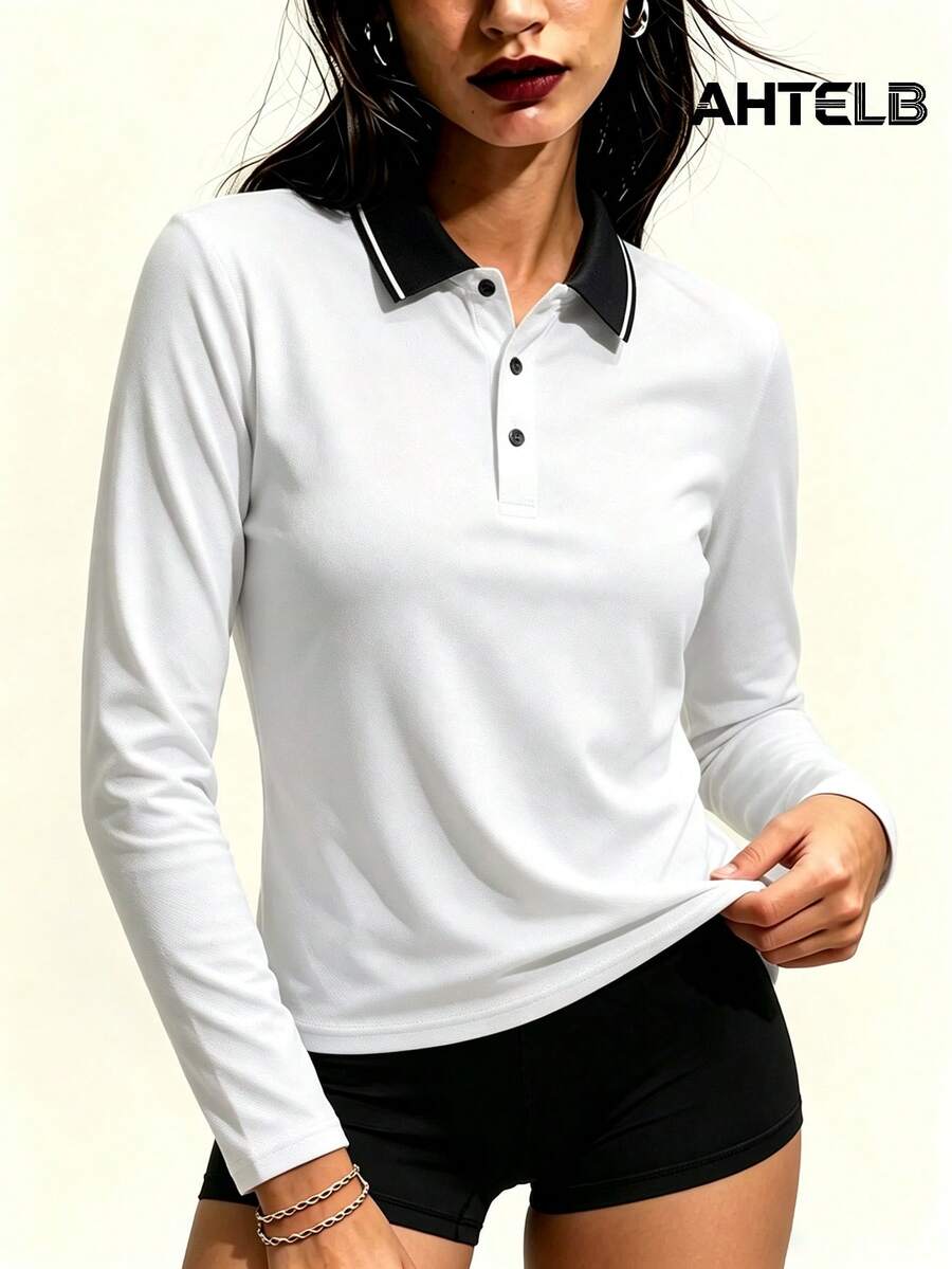 AHTELB 女款夏季 Polo 衫,薄冰絲透氣百搭日常短袖上衣,時尚鈕扣領設計,適合日常通勤、戶外休閒娛樂與跑步健身運動,送給妻子、女友、朋友和母親的禮物,女款高爾夫球衣、高爾夫服飾、網球套裝、高爾夫襯衫 - 白色 - 查看 1