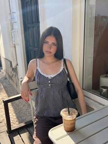 Women's Black And White Plaid Spaghetti Strap Top, Lace Trim , Button Front Cinched Waist A-Line Hem - Royal Blue - View 1